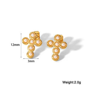 Cruz de oro de 18 quilates con diamantes y perlas Pendientes de mujer de acero inoxidable cien a la moda - Product Image 5