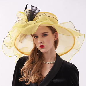 Couvre-chef jaune à large bord pour femme, fête de mariage, escouade de mariée, Jazz, Organza, fleur, luxe, Fedora, accessoires pour cheveux, chapeau - Product Image 3