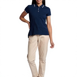 Polo pour femme bleu marine, col contrastant, coton piqué, manches courtes, uniforme de golf, vêtements de travail de bureau, logo personnalisé, fournisseur OEM - Product Image 1
