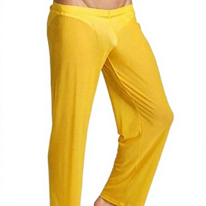 Pantalon de pyjama jaune pour homme, taille élastique, léger, en polyester/nylon, décontracté, respirant, tricoté, pour l'été, avec braguette zippée plate - Product Image 2