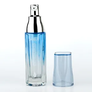 2盎司/60毫升蓝色玻璃精华乳液泵瓶空化妆品液体粉底瓶带压力泵