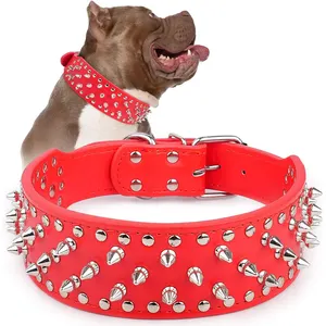 NiBao Durable Adjustable Wide Spiked PU Leather Dog Collar for Small Medium Large Breed