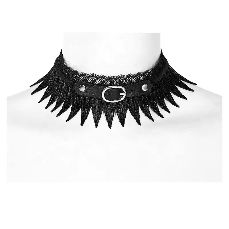 PUNK RAVE WS-540LHF Women Gothic Faux Feather Choker With Black Lace Choker Necklace Metal Rivets
