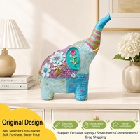 Figurine d'éléphant bohème en résine turquoise avec motif floral coloré, sculpture animale de table pour la décoration du salon