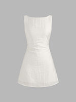Robe mini blanche sans manches et dos nu pour femme, avec taille froncée et nœud, col bateau, décontractée, pour l'été et les vacances à la plage