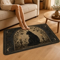 Tapis moderne en polyester imitation velours, motif chat noir gothique avec bougies, croissant de lune et papillons, fabriqué à la machine, pour chambre à coucher