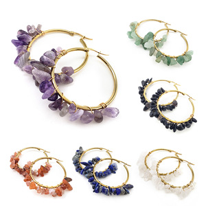 Crystal Hoop <b>Earrings</b> With Natural Stones Stainless Steel Geometric Design Everyday Wear - Product Image 1