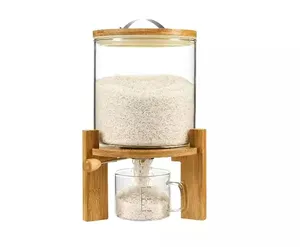 5L 프리미엄 쌀 저장 용기 대나무 스탠드-유리 측정 컵 유리 식품 저장 상자 쌀 디스펜서 밀폐 뚜껑