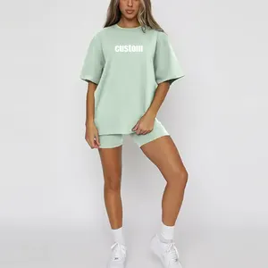 2024 Wholesale Custom Color Baggy Knitted Lounge Wear Set Women Custom T Shirt And Shorts Set For Summer