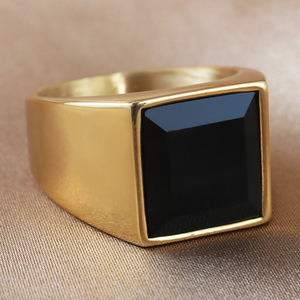 European American Style <b>Titanium</b> Steel Black Stone Ring Square Geometric Men's Punk Jewelry - Product Image 1