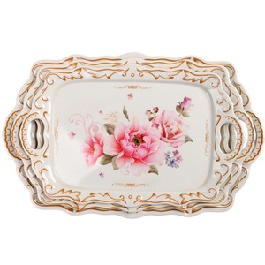 Juego de Bandejas de Melamina con Asas - Rectangulares, Gruesas, Estilo Retro de Lujo, con Relieve Floral, para Uso Doméstico - Product Image 1