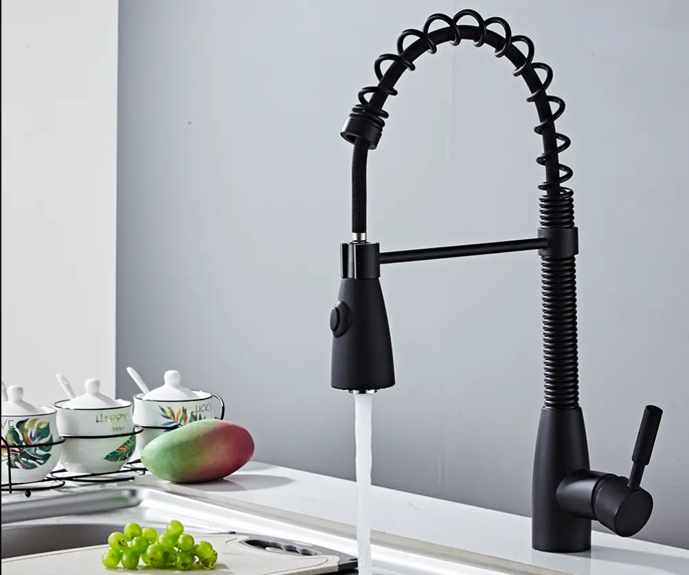 Yundoom OEM Customized Logo Torneira Robinet Spring Matte Black Single Handle Pull Out Sink Polished Kitchen Faucet