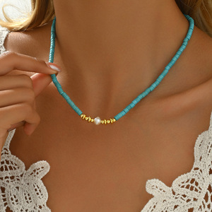 Fashion Choker <b>Necklace</b> Turquoise Beads With Pearl And Gold Accents For Women - Product Image 1