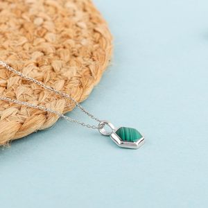 Natural Malachite Hexagon Pendant <b>Necklace</b> 925 Sterling Silver Bezel Setting Real Crystal Women's Bohemian Jewelry Everyday Wear - Product Image 3