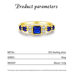 Bague empilable pour femme en argent S925 plaqué or, saphir bleu taille princesse, multi-carrés, bleu foncé, tendance 2026, idéale comme cadeau - Product Image 6