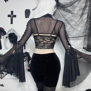 Boléro gothique en maille pour <span class=keywords><strong>femme</strong></span> - Haut court <span class=keywords><strong>noir</strong></span> transparent à col montant avec manches évasées et laçage latéral pour style punk - Product Image 4