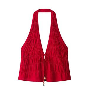 Conjunto de Top Halter de Lino Arrugado y Falda Midi Escalonada para Mujer 2026, Estilo Vintage para Vacaciones, Dos Piezas, OEM/ODM por Fábrica China - Product Image 2