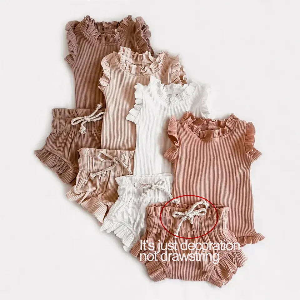 Newborn Baby Girl Clothes Set Solid Lace Ruffles Sleeve Backless Tops toddler Shorts Outfits set baby clothes set 100% cotton