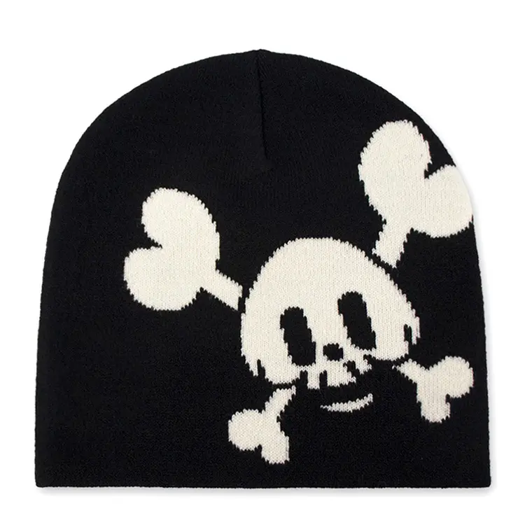 winter black acrylic skull custom jacquard cuffless beanie hat