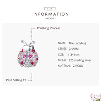 Breloque DIY en argent sterling 925 avec CZ rose en forme de coccinelle pour femmes, compatible avec les bracelets de montre Reflexions en argent SCX104