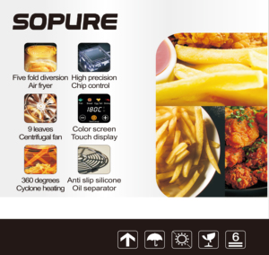 SOPURE Digital Air Fryer 6.0L <b>PTFE</b> Non-Stick Square Design Detachable Handle Multifunctional Electric Intelligent Timing Class - Product Image 3