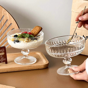 Cangkir Dessert Prancis Mewah Berukir Bergaris, Mangkuk Buah Yoghurt Bertangkai Tinggi, Gelas Es Krim Transparan - Product Image 4