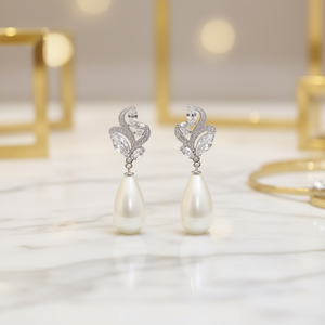 Orecchini pendenti a goccia con perle finte bianche champagne, in argento 925 placcato rodio, gioielli classici da sposa per donna - Product Image 2