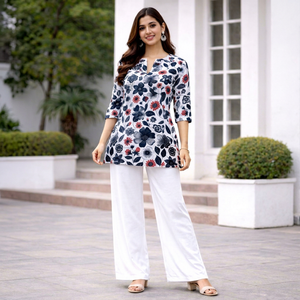 <b>Women</b> Floral Printed Cotton <b>Kurta</b> With White Palazzo Pants Casual Wear Loose Fit Midi Length India Pakistan Ethnic Style - Product Image 1