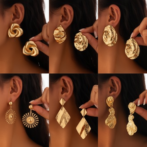Di lusso europeo americano Cross Border orecchini geometrici per le donne esagerato stropicciato in metallo stile alla moda - Product Image 1