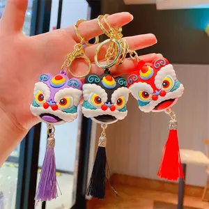 Offenes Glück im chinesischen Stil Löwe PVC Weich gummi Schlüssel bund Tanz Löwe Schlüssel anhänger Paar Geschenkt üte Anhänger Drache Schlüssel bund Löwe Schlüssel ring