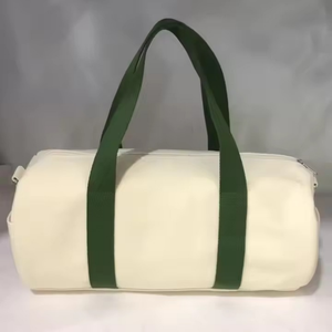 Custom Logo Canvas Fitness Tote <strong>Bag</strong> Designer <strong>Duffel</strong> <strong>Bag</strong> Green Webbing Strap Cream White Cylinder Handbag Sporty - Product Image 3