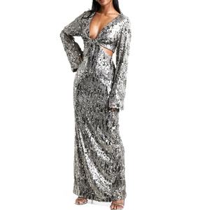 Vestido Maxi de Lentejuelas Plateadas de Moda para Mujer, Cuello en V Profundo, Manga Campana, Corte Entallado, Vestido de Fiesta de Navidad - Product Image 4