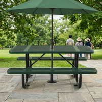 Ensemble table et chaises rectangulaires en métal assemblées, multicolores, 72 pouces, style moderne, pour pique-nique extérieur, avec trou pour parasol, pour usage en hôtel et cour.