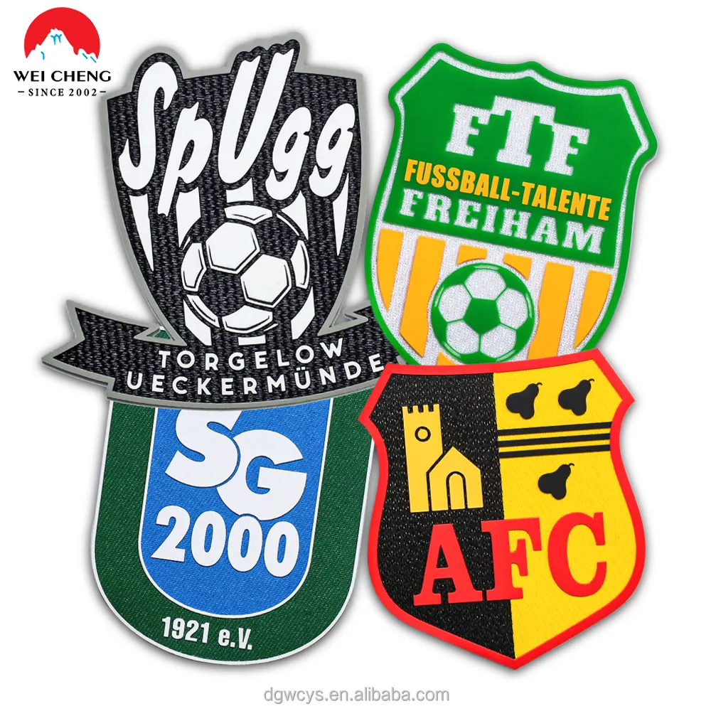 Großhandel individualisierte Fußball-Fußballmannschaft 3D-Silikon-Bürste gedrucktes Logo Heißpresse-Übertragung Gummipatches mit Tatami-Bandstoff