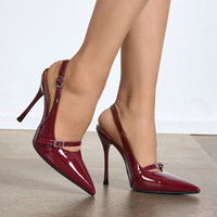 Escarpins bordeaux à bout pointu pour femme, talons aiguilles super hauts, bride à boucle ornée de strass, en PU verni, nouvelle mode élégante pour soirée 2026