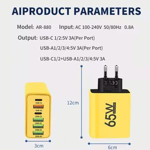65W Charger Block US/EU/UK <b>Plug</b> USB-C Power <b>Adapter</b> 4USB Phone Charger Dual Type C Charger for Smart Phones - Product Image 5