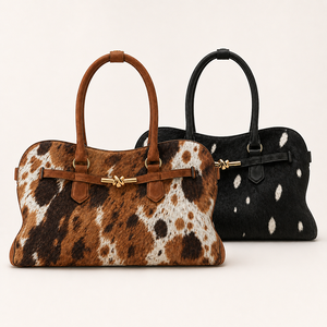 Bolso Boston de Piel Genuina con Pelo de Becerro, Estampado de Vaca, Asa Superior, Bolso de Hombro Estilo Western con Cierre Giratorio, Bolso Casual para Mujer - Product Image 3