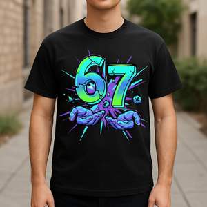 T-Shirt alla Moda <span class=keywords><strong>con</strong></span> Divertente Meme 67, Grafica Neon Screpolata <span class=keywords><strong>con</strong></span> Mani Blu Esplosive, Maglietta da Uomo - Product Image 3