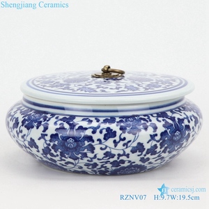 RZNV08-b-big Barattolo in Ceramica Cinese Fatto a Mano con Motivo Floreale in Porcellana Blu e Bianca per Conservazione e Tè - Product Image 4