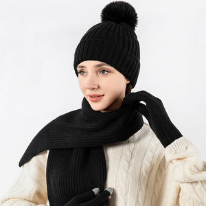 Usine femmes automne hiver trois pièces ensemble doux Double couche chaud <span class=keywords><strong>laine</strong></span> tricoté chapeau longue plaine Style écharpe gants Protection des oreilles - Product Image 2