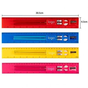 Ensemble de règles multifonctionnelles en plastique de 30 cm avec crayons, gomme et taille-crayon pour étudiants, écoles et cadeaux publicitaires - Product Image 1