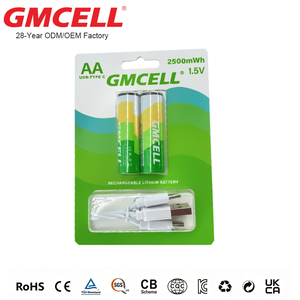 Wholesale USB Rechargeable <b>Lithium</b> Ion <b>AA</b> <b>Batteries</b> 1.5V 2500mWh 1000 Cycles for Boats customizable Blister Card - Product Image 1