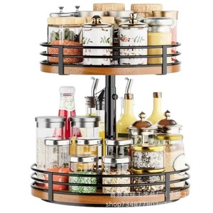 Wooden Kitchen <b>Spice</b> <b>Rack</b> Double Layer <b>Rotating</b> Storage Organizer For <b>Spices</b> And Condiments Standing Type Round Shape - Product Image 1