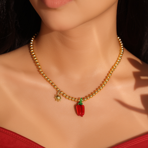 Fashion Beaded <b>Bracelet</b> Gold Plated 316L Stainless Steel <b>Red</b> Pepper Charm Sun Pendant Sustainable Resistant Jewelry - Product Image 3