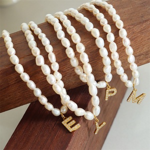 Wholesale Natural Pearl Chain Gold Plated Full Diamond Letter Pendant <b>Necklace</b> - Product Image 4
