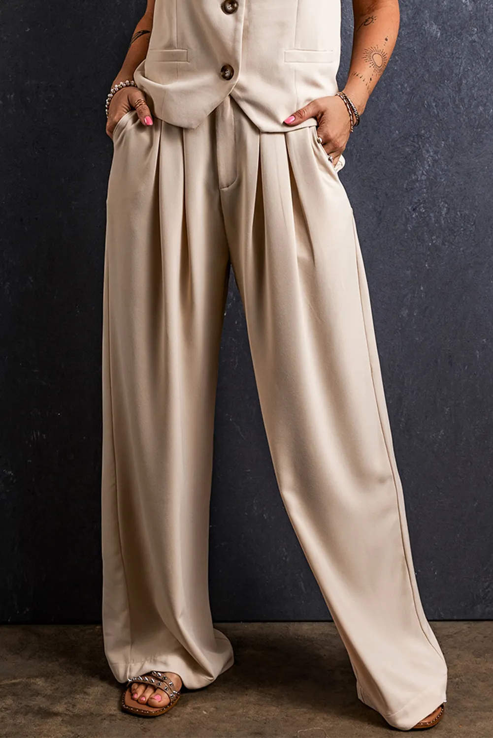 2024 Wholesale Chic Clothes Customized Women Summer Apricot Elastic Waist Pleated Wide Leg Pants