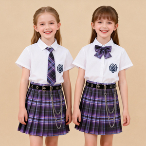 Set Uniforme Scolastica per Ragazze delle Scuole Elementari, Gonna Plissettata a Quadri Stile JK e Britannico con Camicia a Maniche Corte/Lunghe per Tutte le Stagioni - Product Image 1
