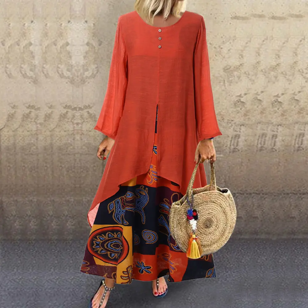 Chân Váy Dài Cổ Tròn Phong Cách Ấn Độ Thường Ngày Thời Trang Châu Âu Và Mỹ Chân Váy Giả Hai Tay Dài Bằng Vải Lanh Và Cotton