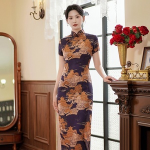 Nuevo Vestido Largo <span class=keywords><strong>Cheongsam</strong></span> <span class=keywords><strong>de</strong></span> Satén para Mujer, Primavera/Verano, Estilo Retro, Ajustado, Elegante, para Fiesta, Actuación, Tradicional Chino - Product Image 5