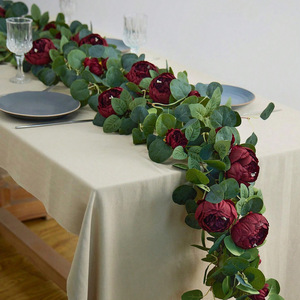 Artificial Peony Vines Eucalyptus Leaves Silk Flower Table Runner 180cm Home Decor Reusable - Product Image 1